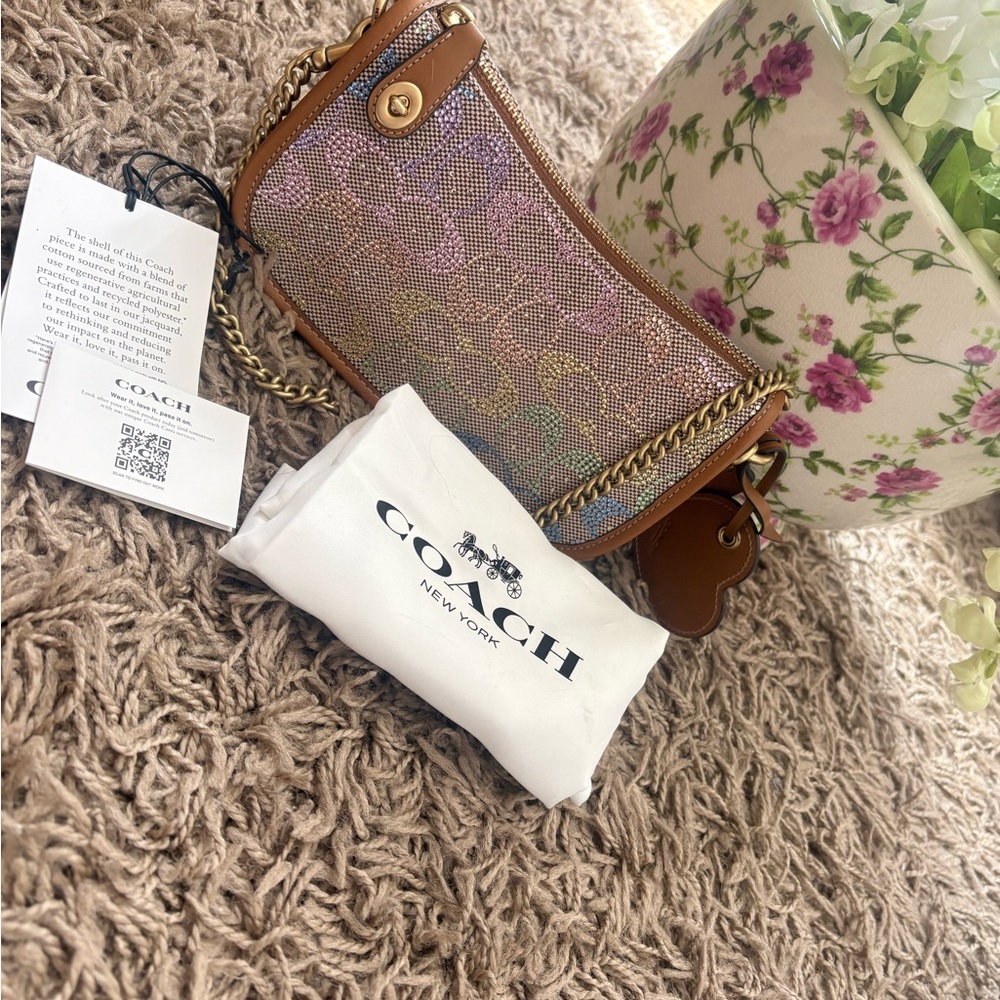 Coach Multicolor Crystal Embellished Crossbody with Brown Leather Trim